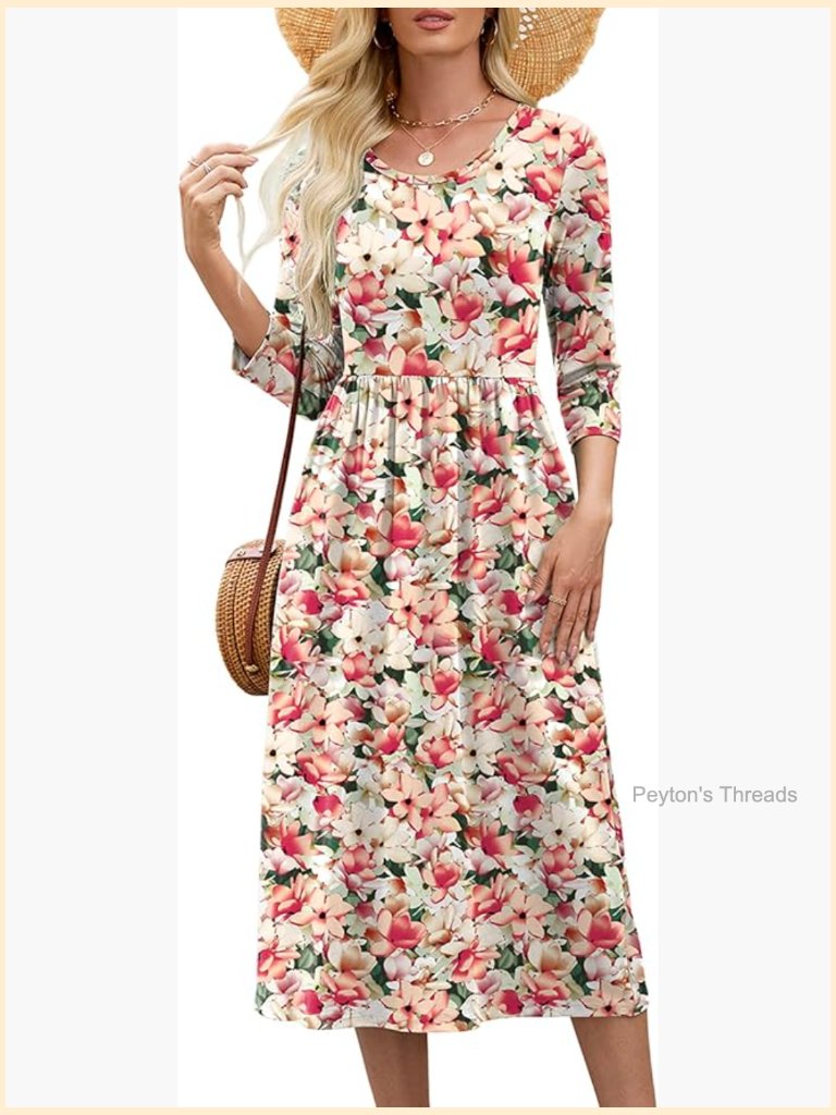 Women's Casual 3/4 Sleeve Midi Dress Crewneck A Line Tiered Flowy Loose Travel